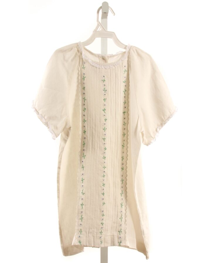 ALICE KATHLEEN  WHITE LINEN FLORAL EMBROIDERED DRESS WITH LACE TRIM