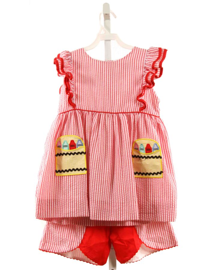 SMOCKINGBIRD  RED SEERSUCKER STRIPED APPLIQUED 2-PIECE OUTFIT WITH RIC RAC