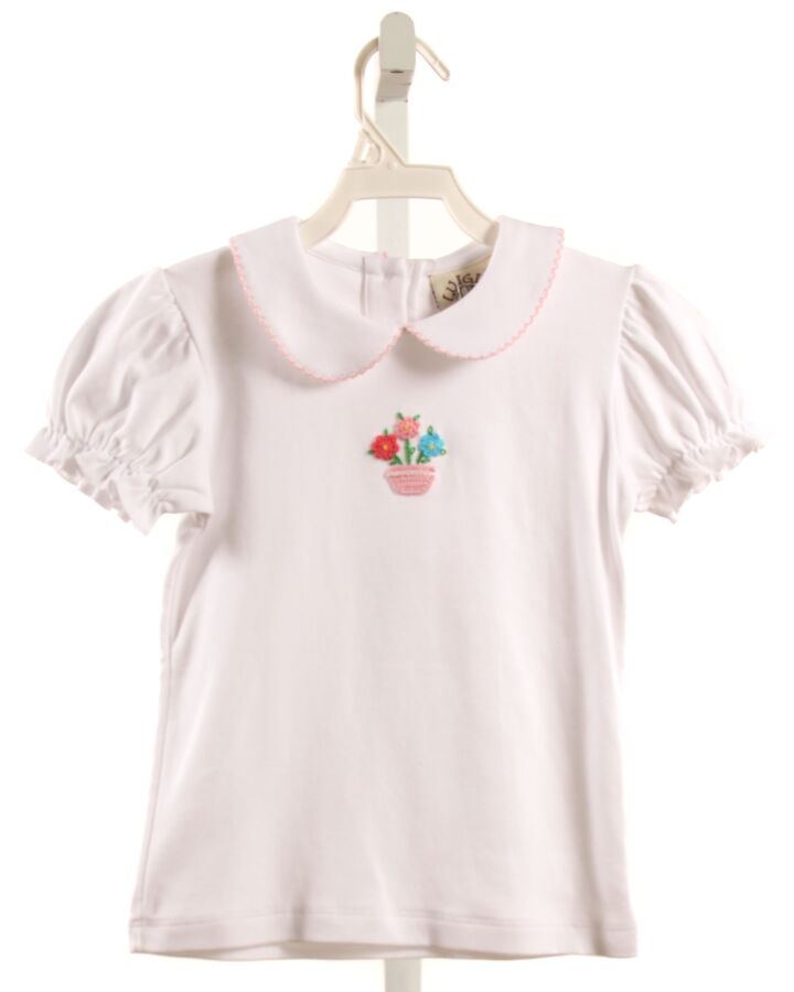 LUIGI  WHITE  FLORAL EMBROIDERED KNIT SS SHIRT WITH PICOT STITCHING