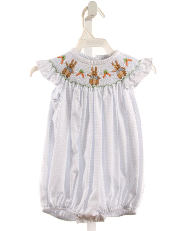 SOUTHERN SMOCKED COMPANY  LT BLUE  POLKA DOT SMOCKED BUBBLE WITH PICOT STITCHING
