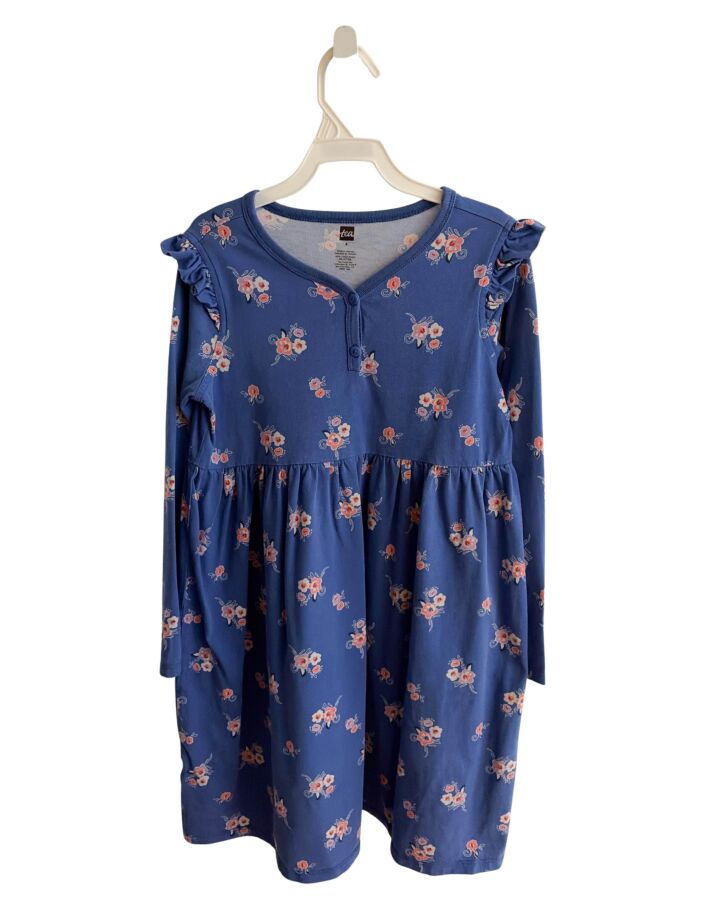 TEA  BLUE  FLORAL  KNIT DRESS WITH RUFFLE