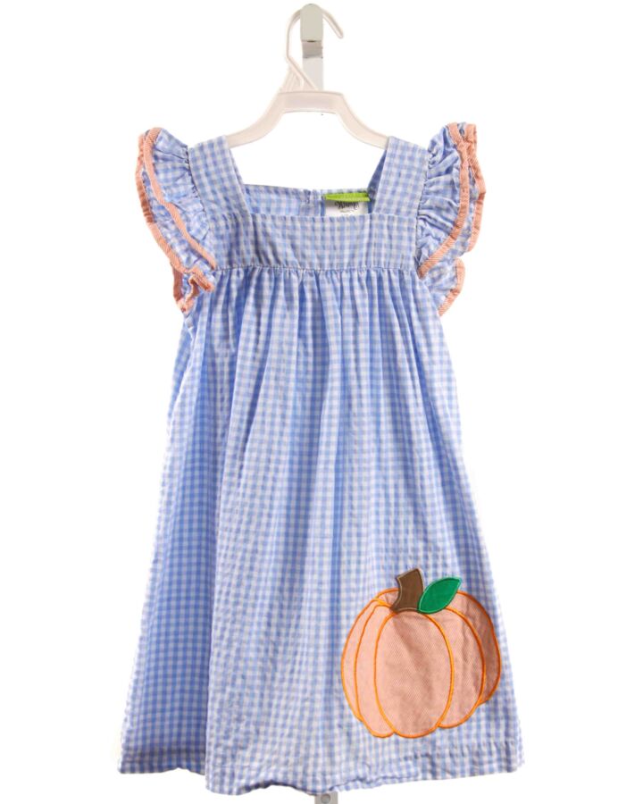 CLASSIC WHIMSY  BLUE SEERSUCKER GINGHAM APPLIQUED DRESS