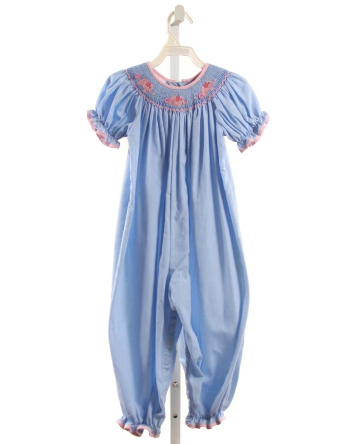PETIT BEBE  BLUE  MICROCHECK SMOCKED ROMPER WITH RIC RAC