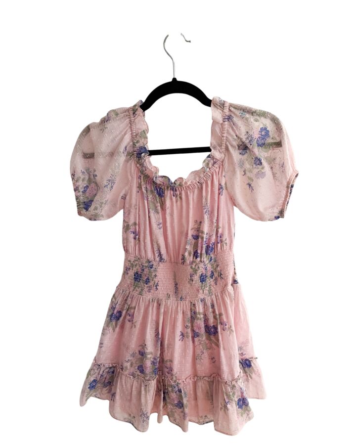 LOVESHACKFANCY  PINK SWISS DOT FLORAL  DRESS WITH RUFFLE