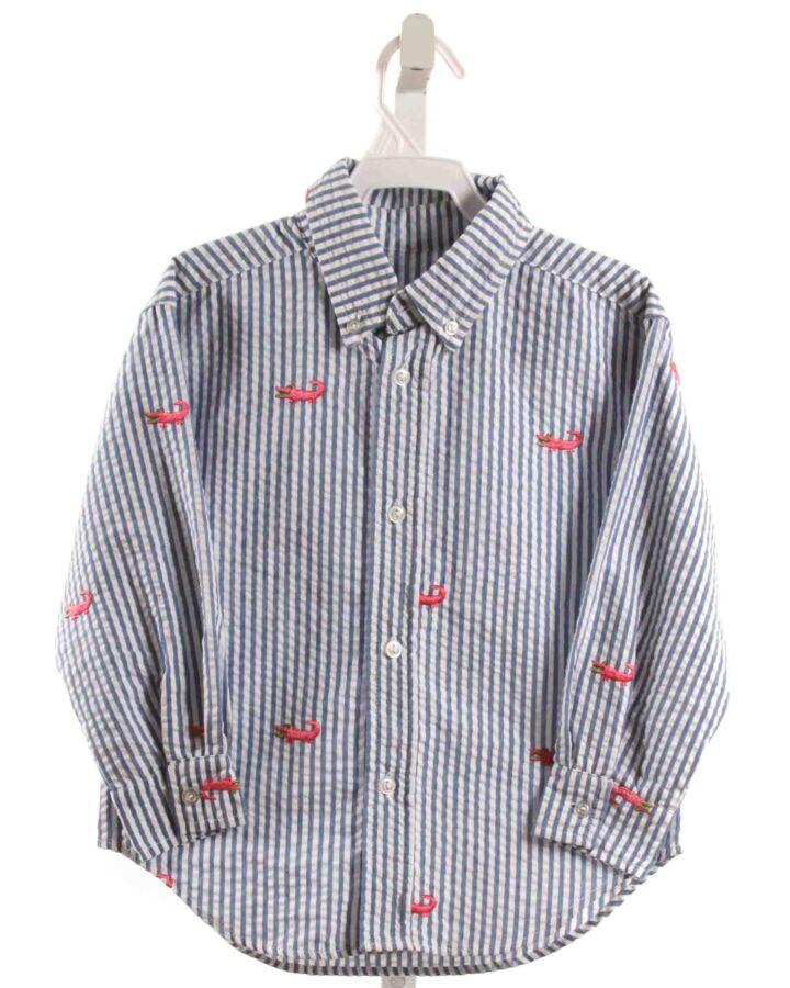 KELLY'S KIDS  BLUE SEERSUCKER STRIPED EMBROIDERED DRESS SHIRT