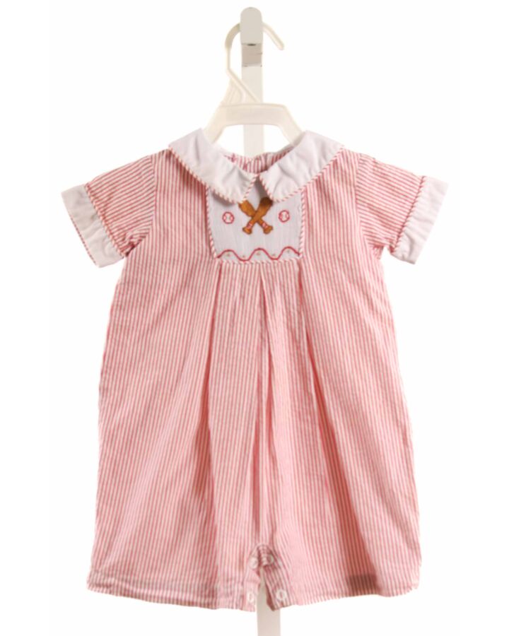 LITTLE ENGLISH  RED SEERSUCKER STRIPED SMOCKED SHORTALL