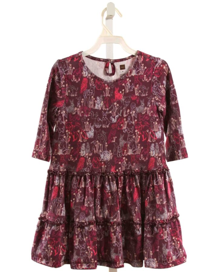 TEA  PURPLE   PRINTED DESIGN KNIT DRESS WITH RUFFLE