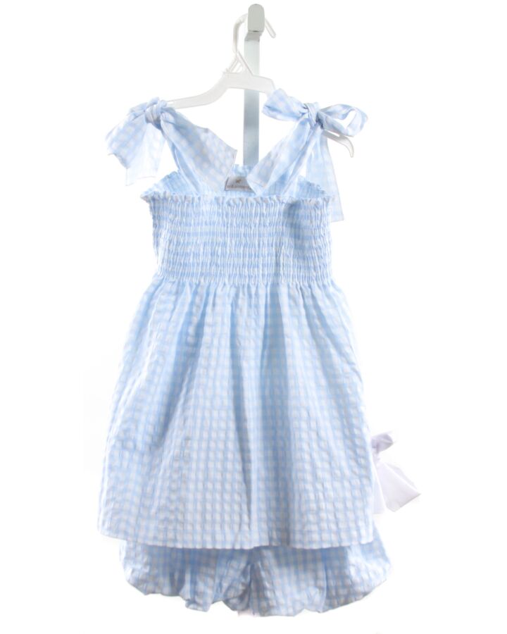 SAL & PIMENTA  LT BLUE SEERSUCKER GINGHAM SMOCKED 2-PIECE OUTFIT WITH BOW