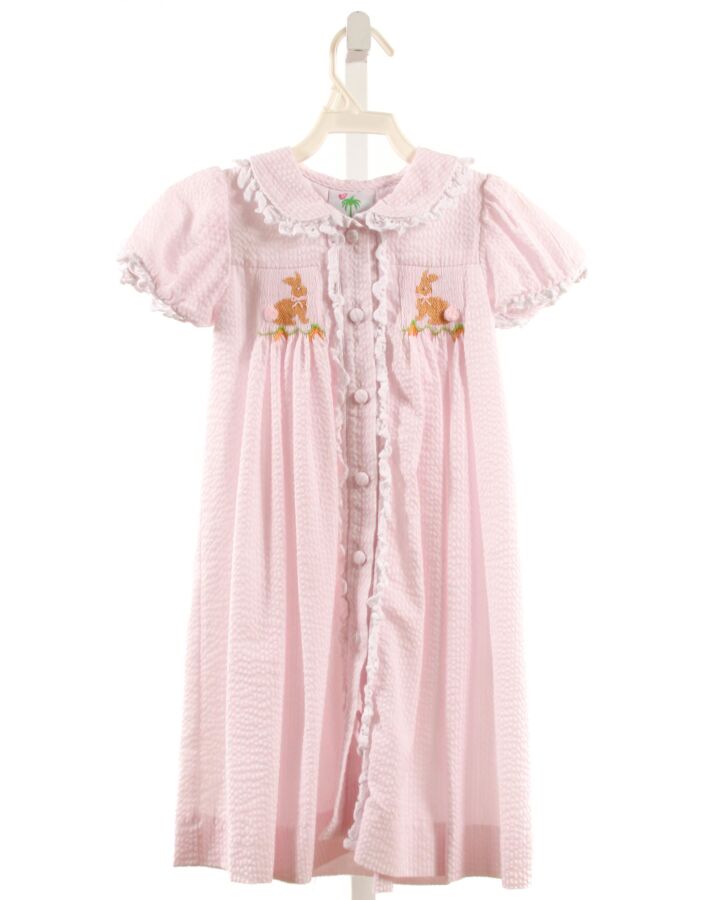 SHRIMP & GRITS  PINK SEERSUCKER STRIPED SMOCKED DRESS WITH EYELET TRIM