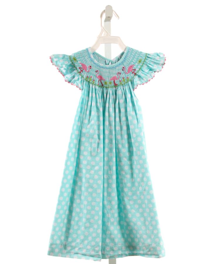 MOM & ME  AQUA  POLKA DOT SMOCKED DRESS WITH RIC RAC