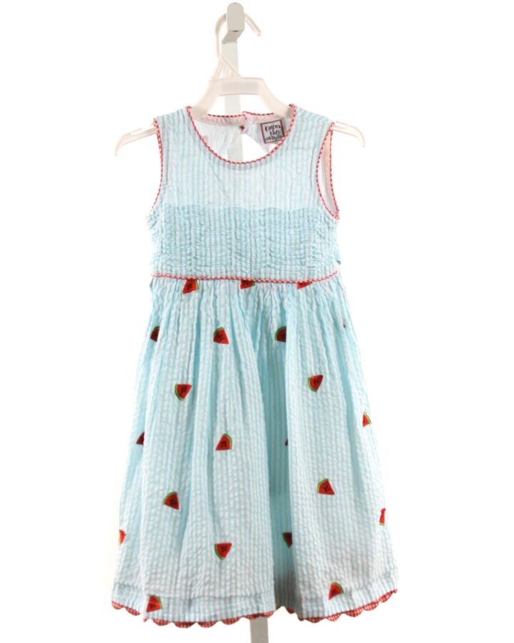 COTTON KIDS  AQUA SEERSUCKER STRIPED EMBROIDERED DRESS