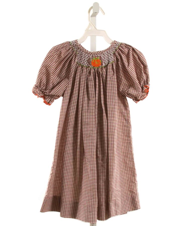 SMOCKED GIRAFFE  BROWN  GINGHAM SMOCKED DRESS WITH RIC RAC