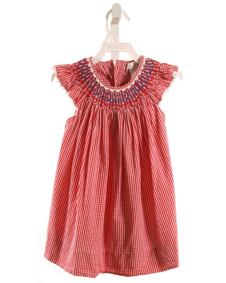 PETIT AMI  RED  GINGHAM SMOCKED DRESS WITH RIC RAC