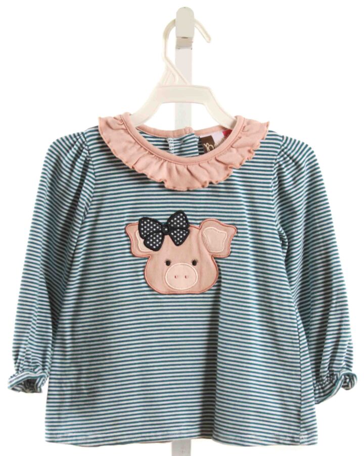 BANANA SPLIT  GREEN  STRIPED APPLIQUED KNIT LS SHIRT WITH RUFFLE