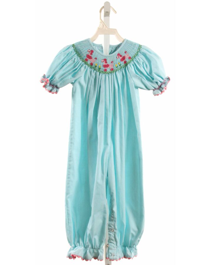 REMEMBER NGUYEN  AQUA  GINGHAM SMOCKED ROMPER WITH RIC RAC