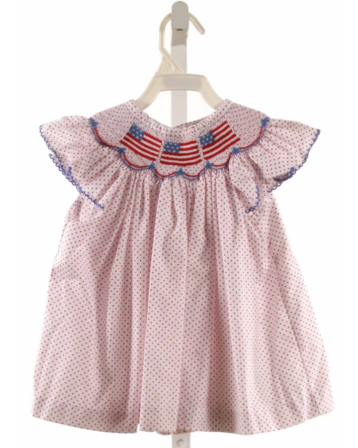 CLASSIC WHIMSY  RED  POLKA DOT SMOCKED SLEEVELESS SHIRT WITH PICOT STITCHING