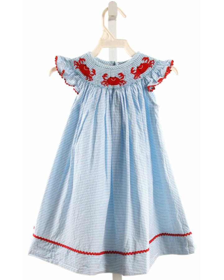 SOUTHERN SUNSHINE KIDS  AQUA SEERSUCKER STRIPED SMOCKED DRESS