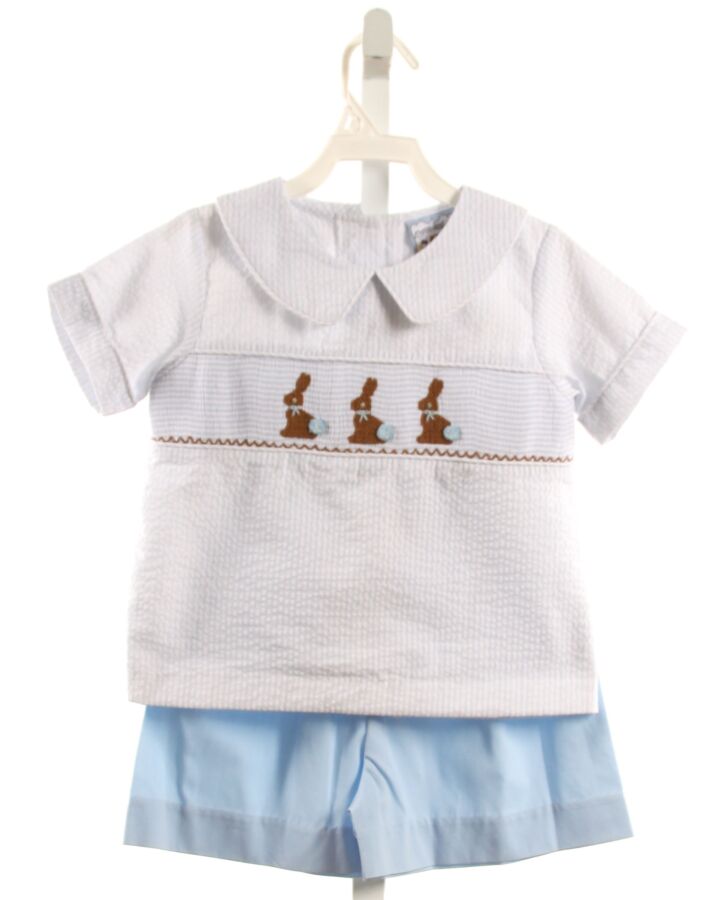 THREE SISTERS  LT BLUE SEERSUCKER STRIPED SMOCKED 2-PIECE OUTFIT