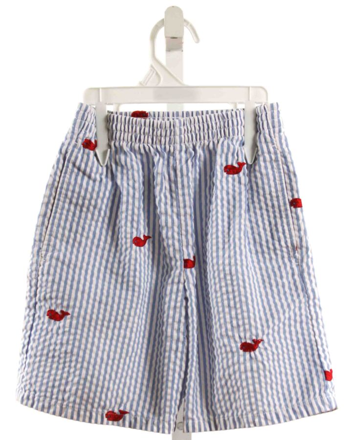 KELLY'S KIDS  BLUE SEERSUCKER STRIPED EMBROIDERED SHORTS