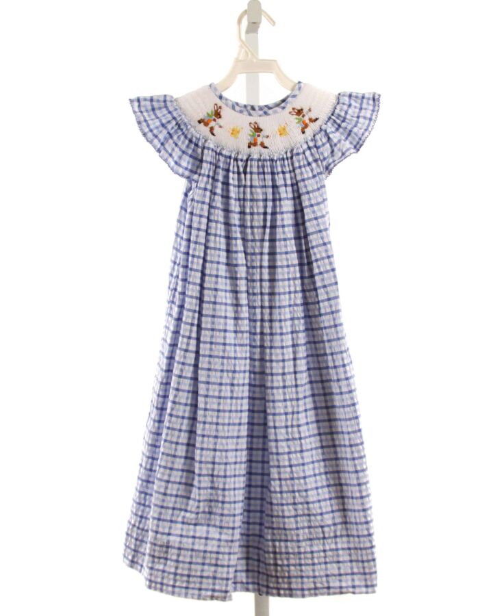 CLASSIC WHIMSY  BLUE SEERSUCKER PLAID SMOCKED DRESS WITH PICOT STITCHING