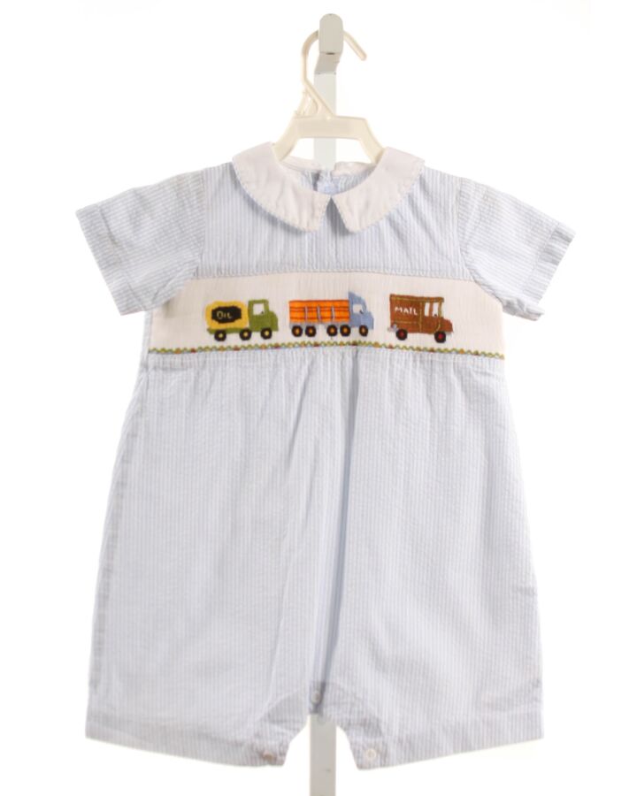 VIVE LA FETE  LT BLUE SEERSUCKER STRIPED SMOCKED SHORTALL