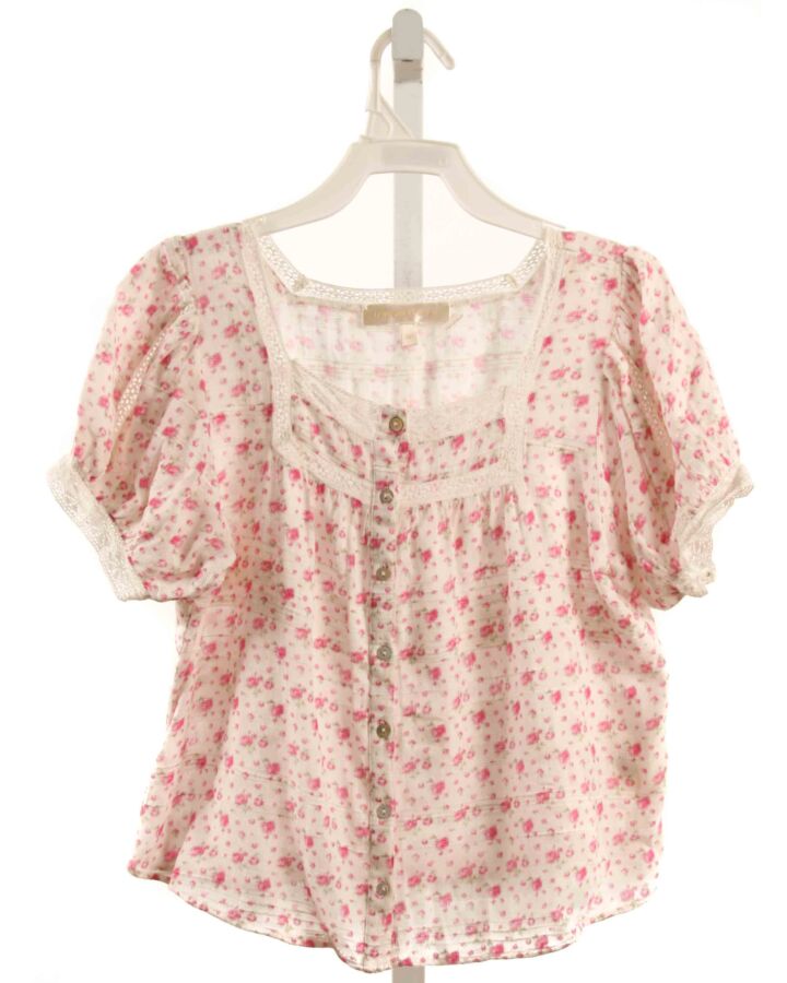 LOVESHACKFANCY  HOT PINK  FLORAL  SHIRT-SS WITH LACE TRIM