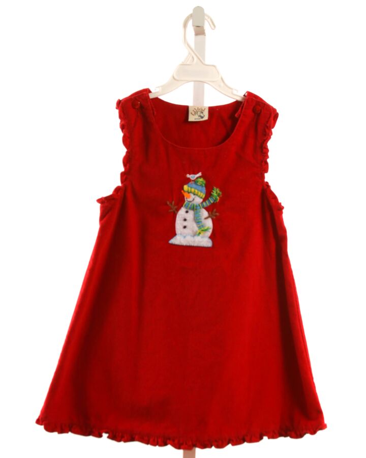 LUIGI  RED CORDUROY  APPLIQUED DRESS WITH RUFFLE