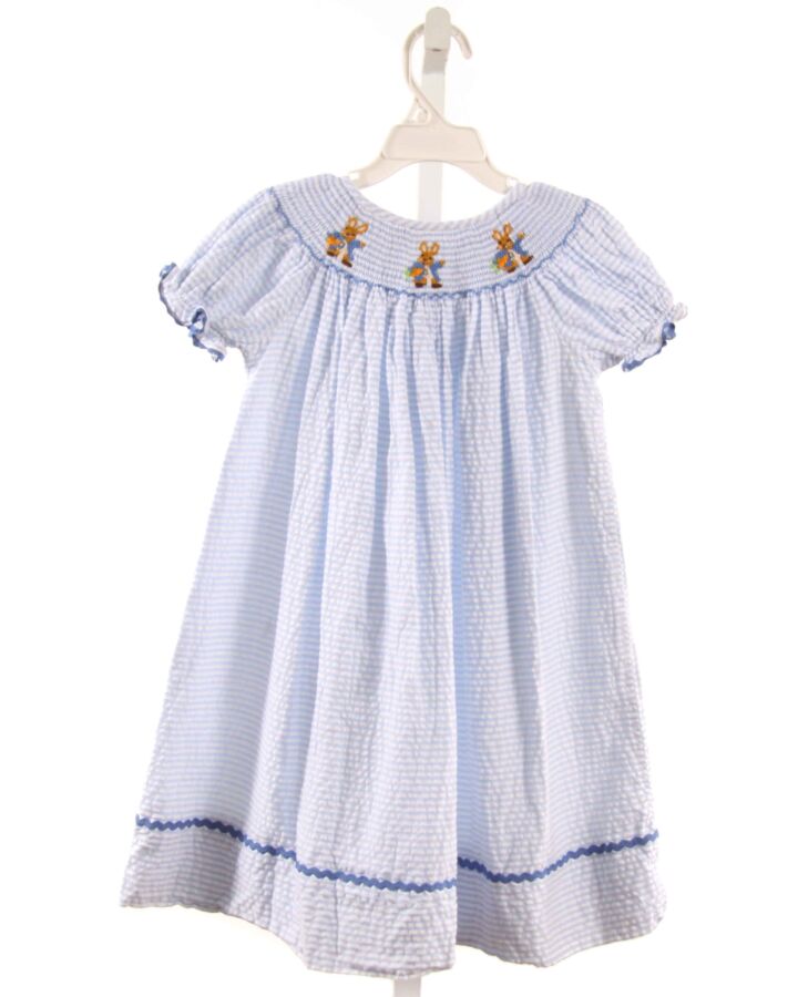 NO TAG  BLUE SEERSUCKER STRIPED SMOCKED DRESS WITH RIC RAC