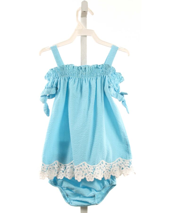 RARE EDITIONS  AQUA SEERSUCKER   DRESS WITH LACE TRIM