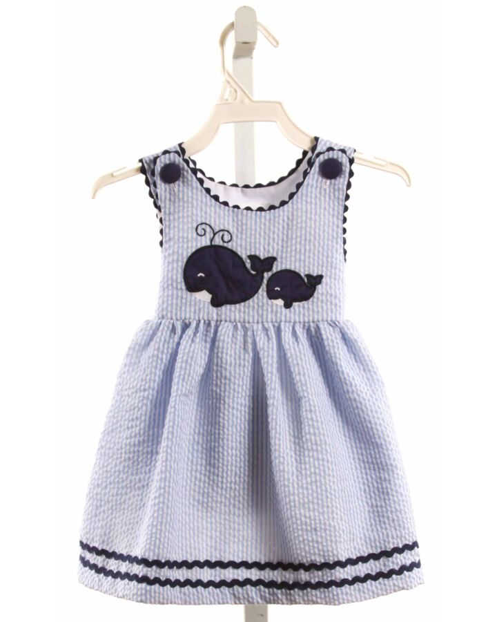 LIL CACTUS  BLUE SEERSUCKER STRIPED APPLIQUED DRESS WITH RIC RAC
