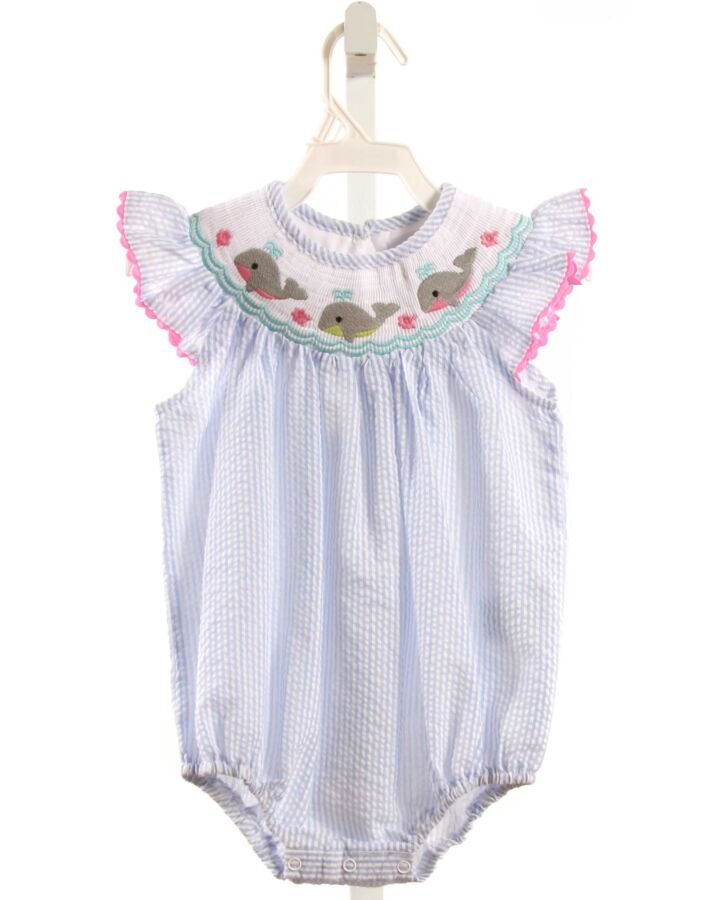 LIL CACTUS  LT BLUE SEERSUCKER STRIPED SMOCKED BUBBLE WITH RIC RAC