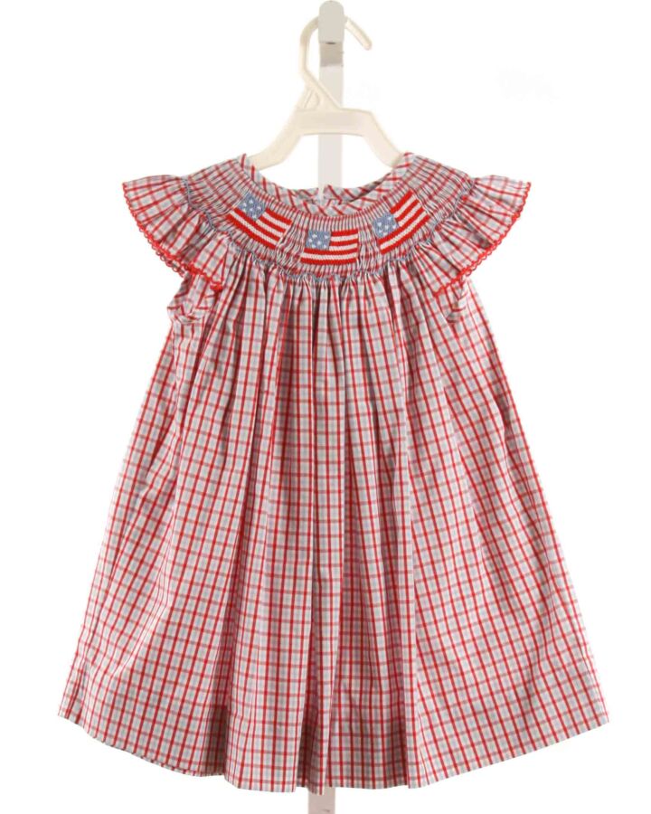 TRUE  RED  PLAID SMOCKED DRESS WITH PICOT STITCHING