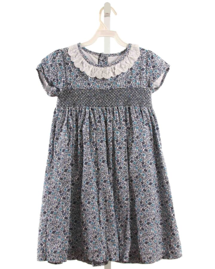 EDGEHILL COLLECTION  BLUE  FLORAL SMOCKED DRESS WITH EYELET TRIM