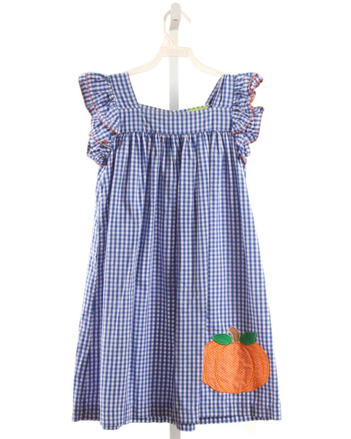 CLASSIC WHIMSY  BLUE  GINGHAM APPLIQUED DRESS WITH PICOT STITCHING