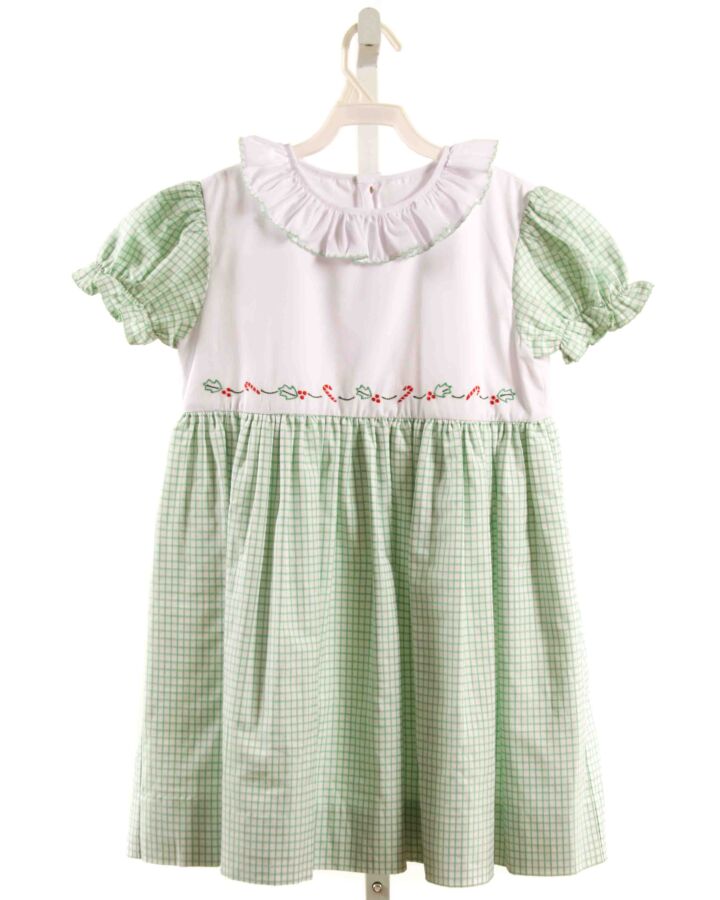 THE PROPER PEONY  GREEN  WINDOWPANE EMBROIDERED DRESS WITH RUFFLE