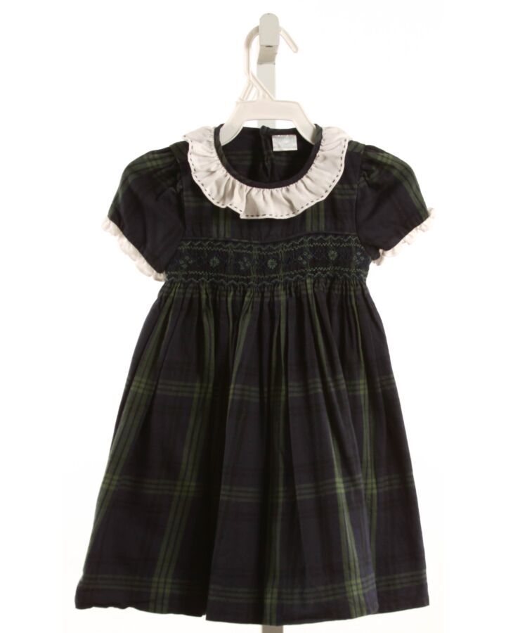 EDGEHILL COLLECTION  NAVY  PLAID SMOCKED DRESS WITH RUFFLE