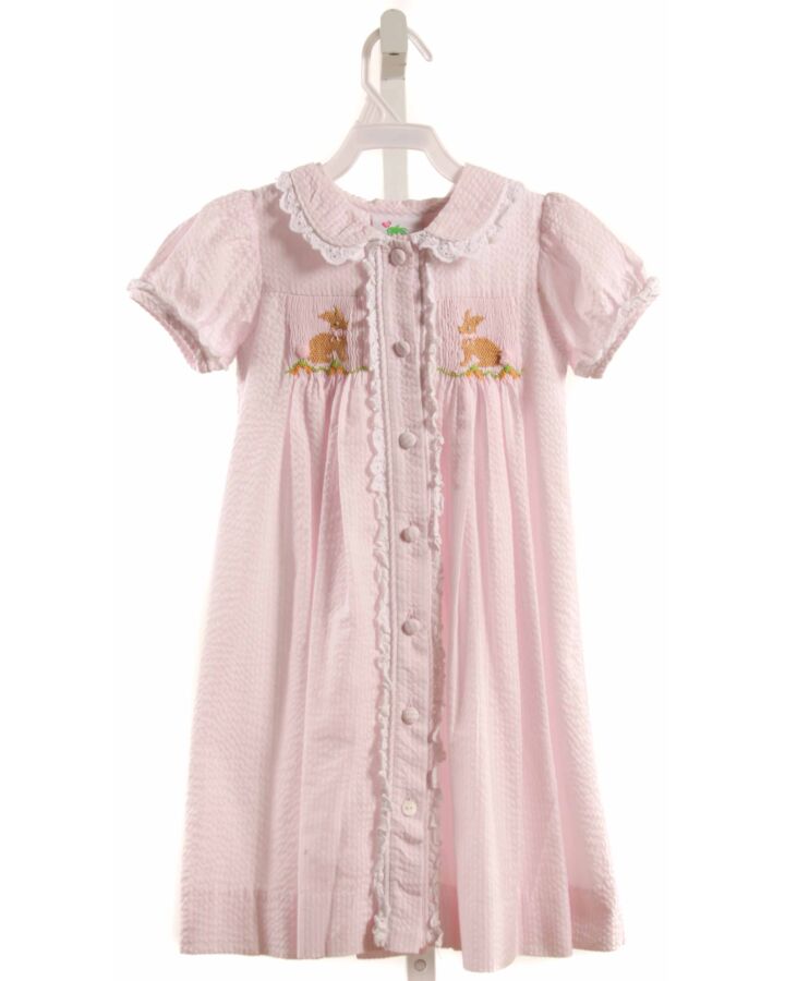 SHRIMP & GRITS  LT PINK SEERSUCKER STRIPED SMOCKED DRESS WITH EYELET TRIM
