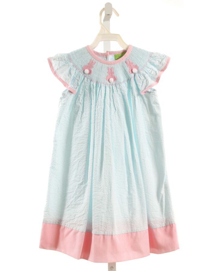 CLASSIC WHIMSY  AQUA SEERSUCKER STRIPED SMOCKED DRESS