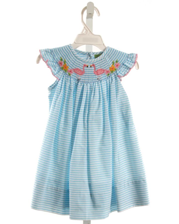 CLASSIC WHIMSY  AQUA  STRIPED SMOCKED DRESS WITH PICOT STITCHING