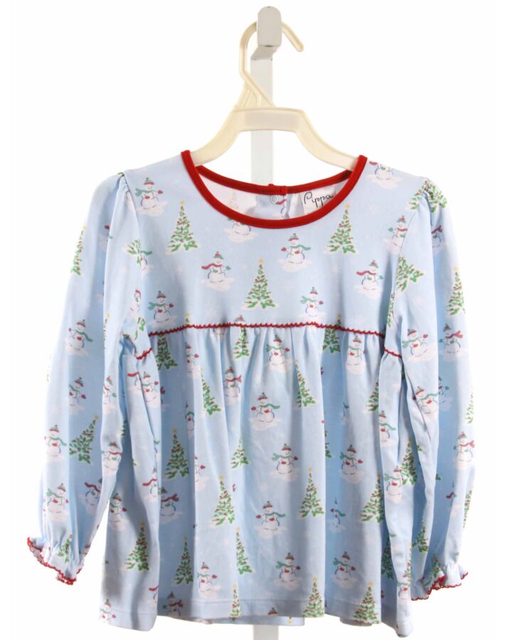 PIPPA LAYETTE + LOUNGE  LT BLUE  PRINT  KNIT LS SHIRT WITH PICOT STITCHING