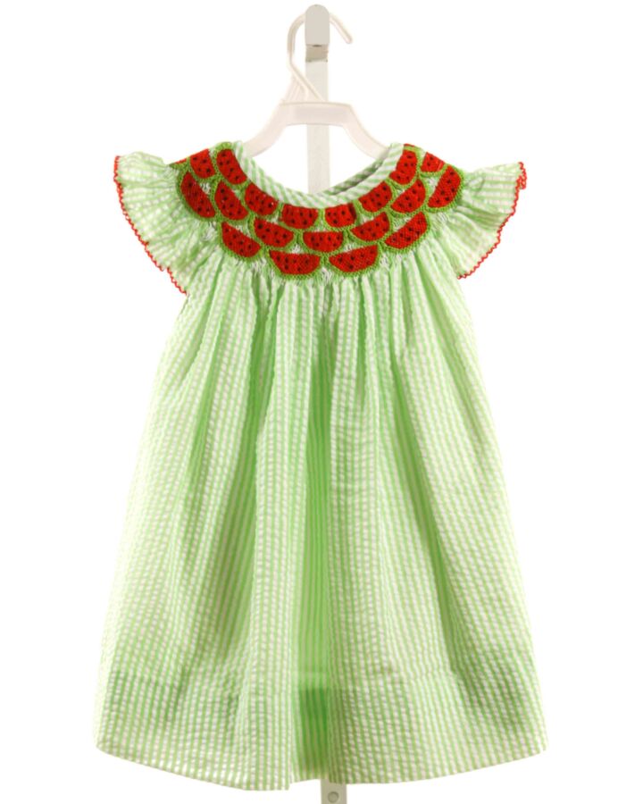 POPPY KIDS CO.  LIME GREEN SEERSUCKER STRIPED SMOCKED DRESS WITH PICOT STITCHING