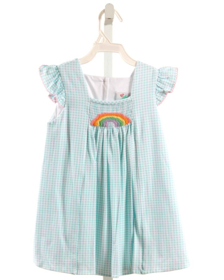SHRIMP & GRITS  AQUA  GINGHAM SMOCKED KNIT DRESS WITH PICOT STITCHING