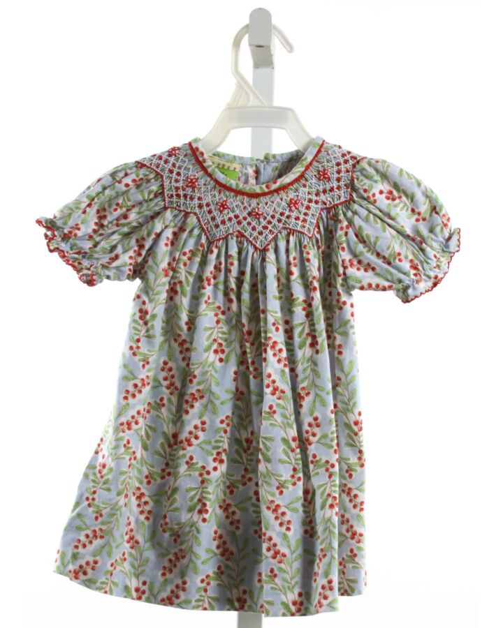 LE ZA ME  RED  FLORAL SMOCKED DRESS WITH PICOT STITCHING