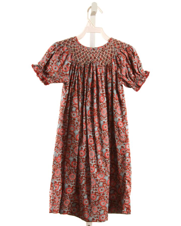 THREE SISTERS  RED  FLORAL SMOCKED DRESS WITH PICOT STITCHING