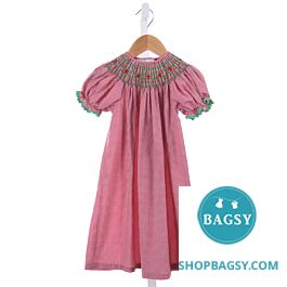SMOCKADOT KIDS RED GINGHAM DRESS WITH RED AND GREEN FLORAL SMOCKING AND ...