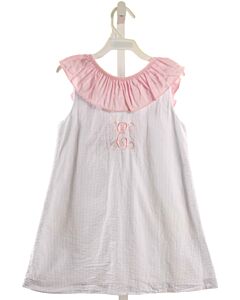 THE OAKS APPAREL   LT BLUE SEERSUCKER STRIPED EMBROIDERED DRESS WITH RUFFLE