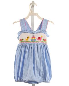 BABEENI  BLUE  POLKA DOT SMOCKED BUBBLE WITH PICOT STITCHING