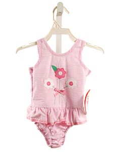 FUNTASIA TOO  PINK SEERSUCKER GINGHAM  1-PIECE SWIMSUIT WITH RUFFLE