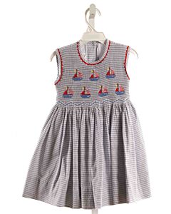 LITTLE THREADS  BLUE SEERSUCKER STRIPED SMOCKED DRESS WITH RIC RAC