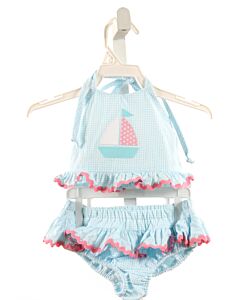 FUNTASIA TOO  BLUE SEERSUCKER GINGHAM  2-PIECE SWIMSUIT WITH RIC RAC